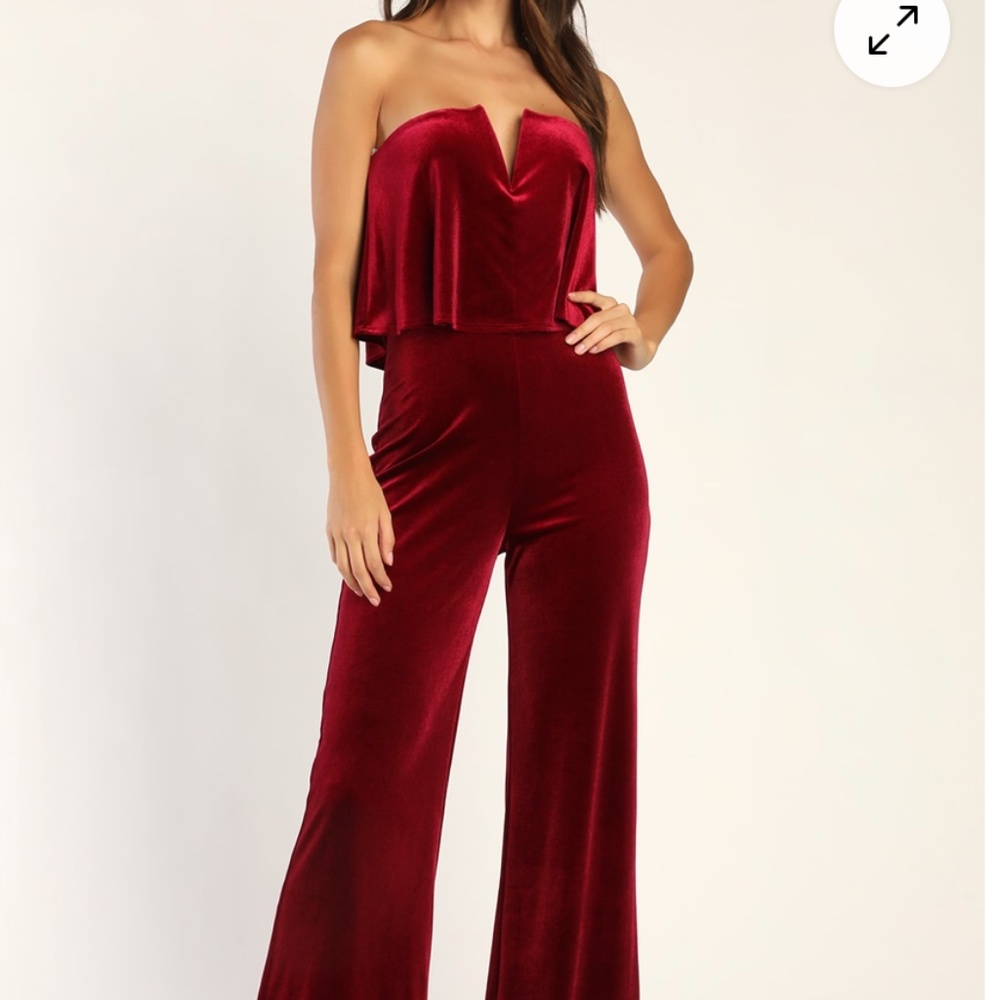 Power of Love Wine Red Velvet Strapless Jumpsuit in size small